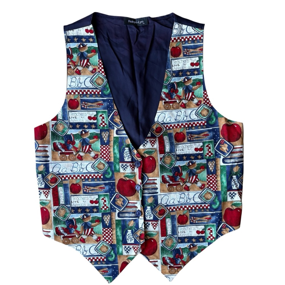 Robyn-Lyn Teacher Vest Schoolhouse Pattern Apples Pencils Vintage 90s Size S/M